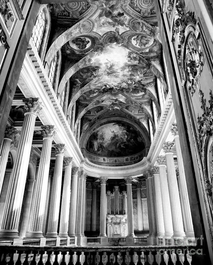 Paris Photograph - Interior Dramatic Ceiling Pillars Architecture Versailles Black White  by Chuck Kuhn