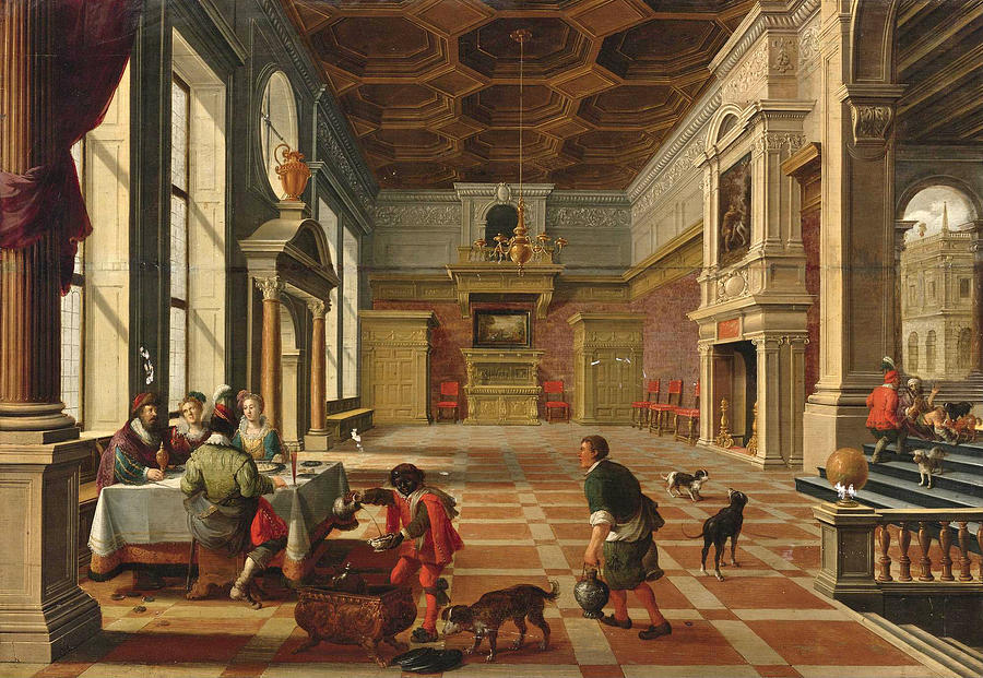 Interior of a Palace with Elegant Figures Dining. Parable of Lazarus and the Rich Man Painting by Bartholomeus van Bassen