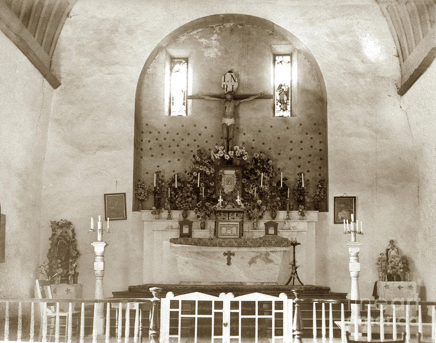 Interior Photograph - Interior of Carmel Mission California circa 1915 by Monterey County Historical Society