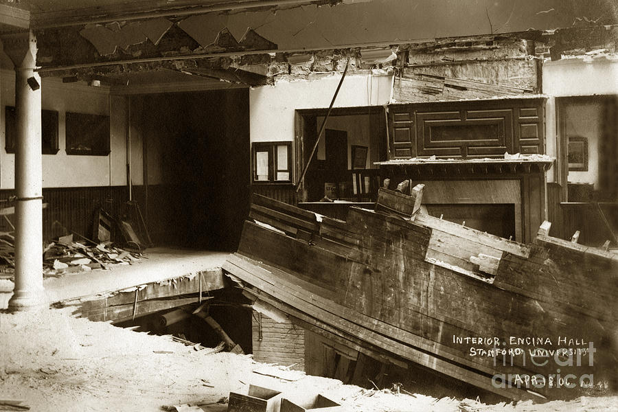 Stanford University Photograph - interior of Encina Hall showing the damage caused by collapsing  by Monterey County Historical Society