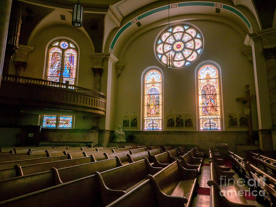 Interior St. Stans Pews Stained Glass Photograph by Kari Yearous