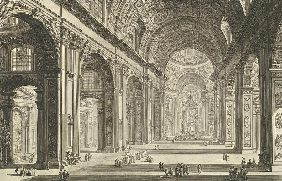 Interior view of St. Peters Basilica in the Vatican, from Vedute di Roma Relief by Giovanni Battista Piranesi