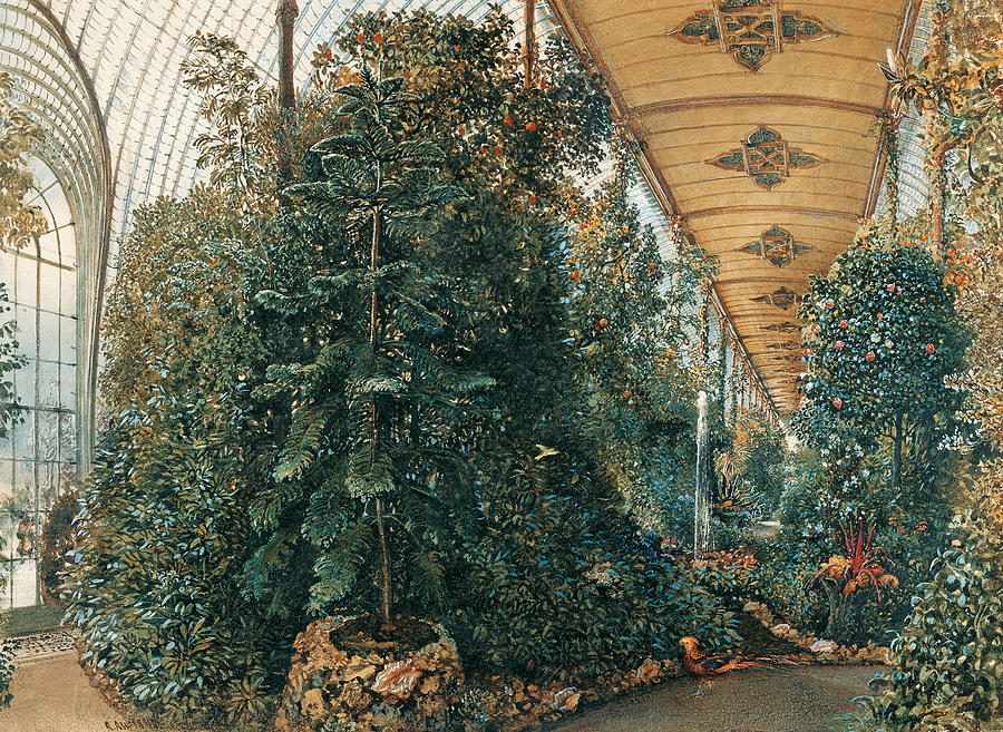 Interior view of the Palm House of Chateau Lednice Painting by Rudolf von Alt