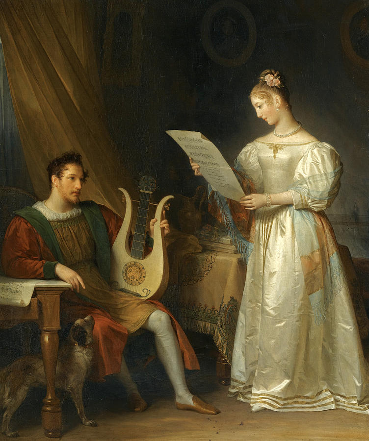 Interior with a Man holding a Lyre and a Woman with a Music Score Painting by Marguerite Gerard