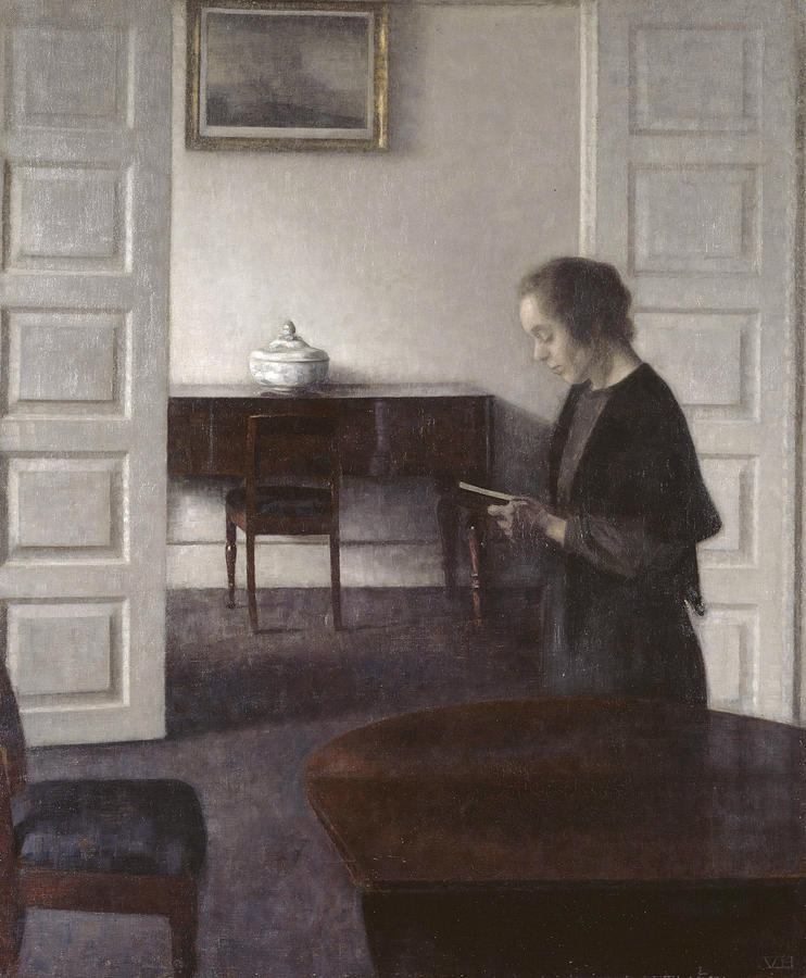 Interior with a Reading Lady Painting by Vilhelm Hammershoi