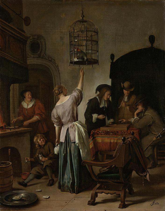 Summer Painting - Interior With A Woman Feeding A Parrot, Known As the Parrot Cage , 1670 by Jan Steen