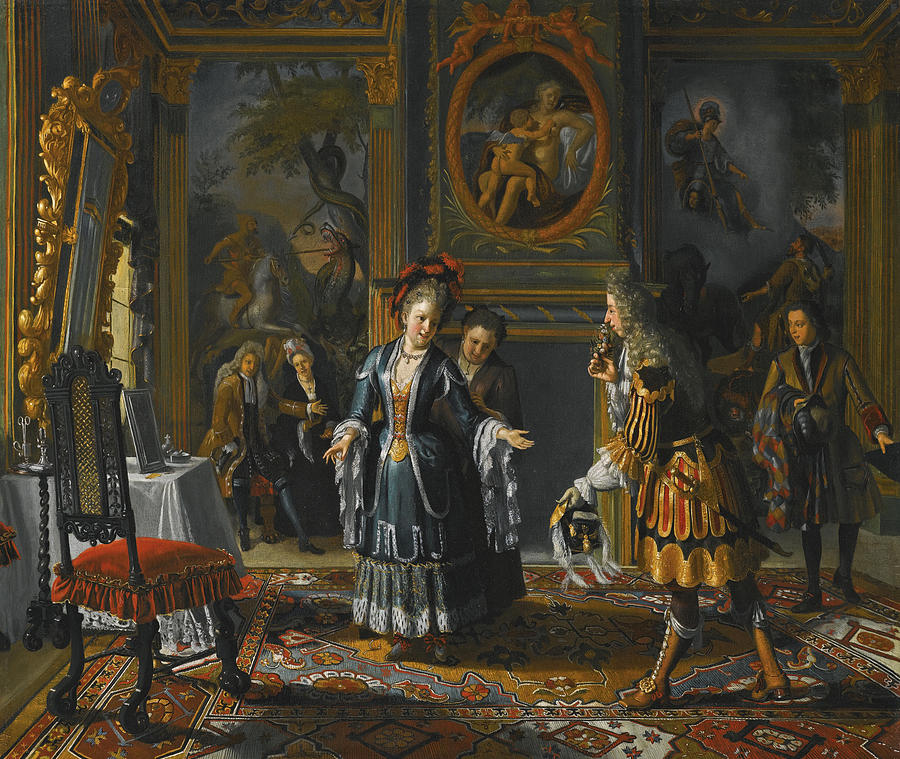 Mirror Painting - Interior with an elegant Lady receiving a Suitor by Matthijs Naiveu