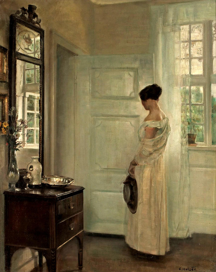 Interior with Ida in a white dress Painting by Vilhelm Hammershoi