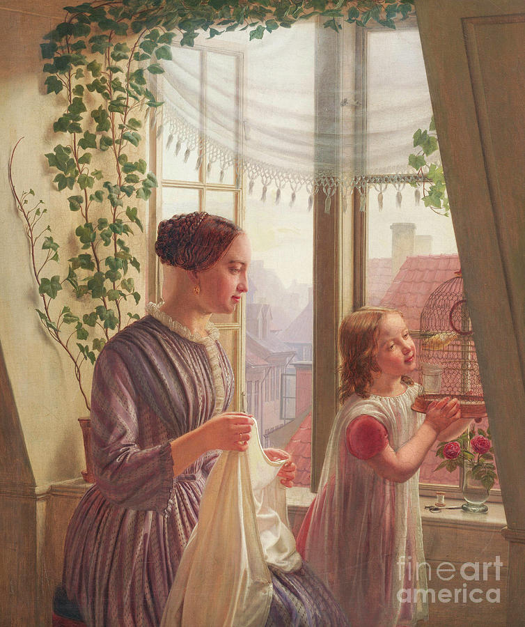 Interior with mother and daughter by a window, 1853 Painting by Ludvig August Smith