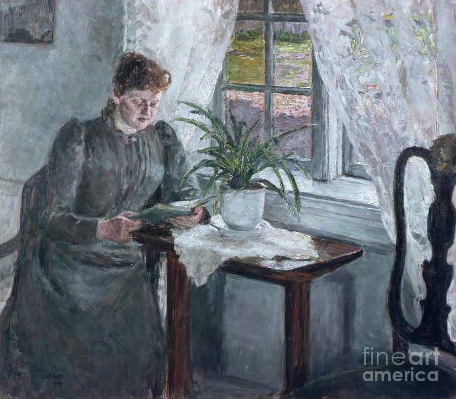 Interior with reading woman Painting by Signe Scheel