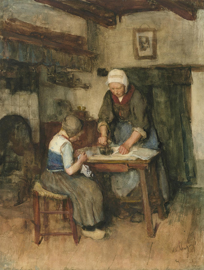 Interior with Woman Ironing and Sewing Child Painting by Albert Neuhuys