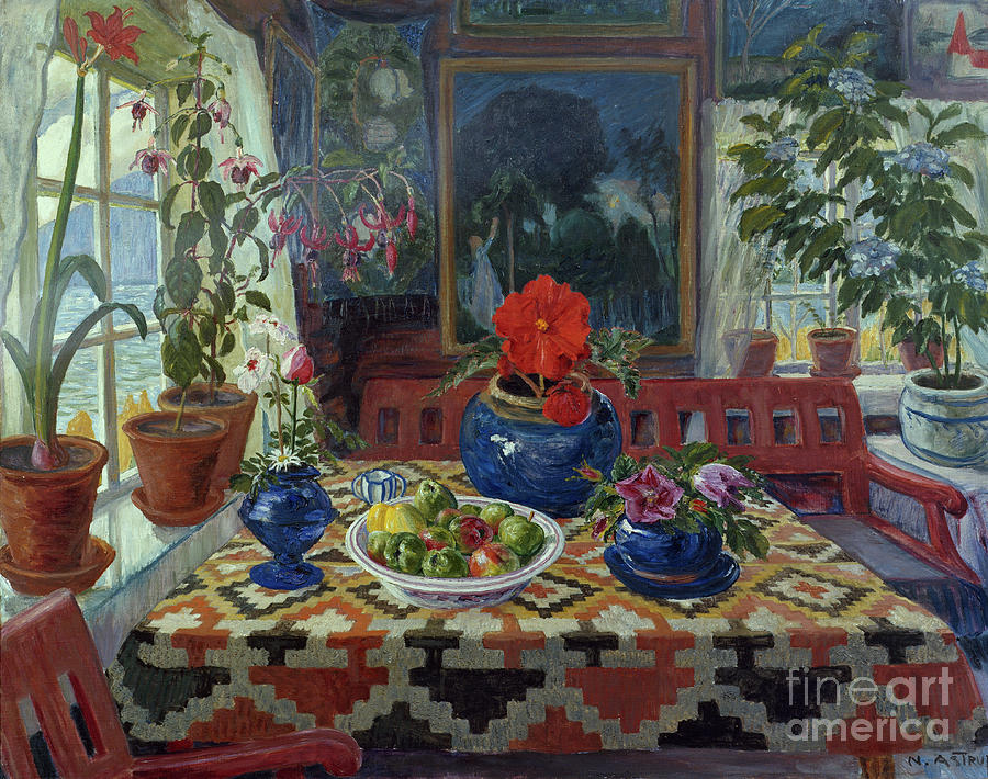 Interior with a big blue pot Painting by O Vaering by Nikolai Astrup