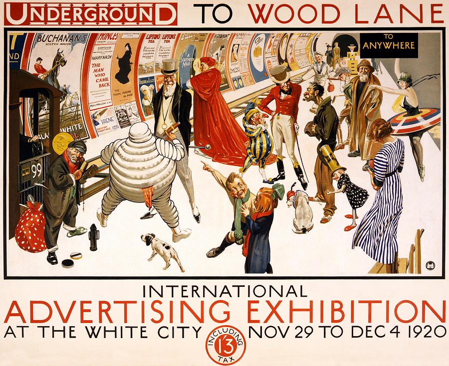London Mixed Media - International Advertising Exhibition - Underground to Wood Lane - Retro travel Poster by Studio Grafiikka