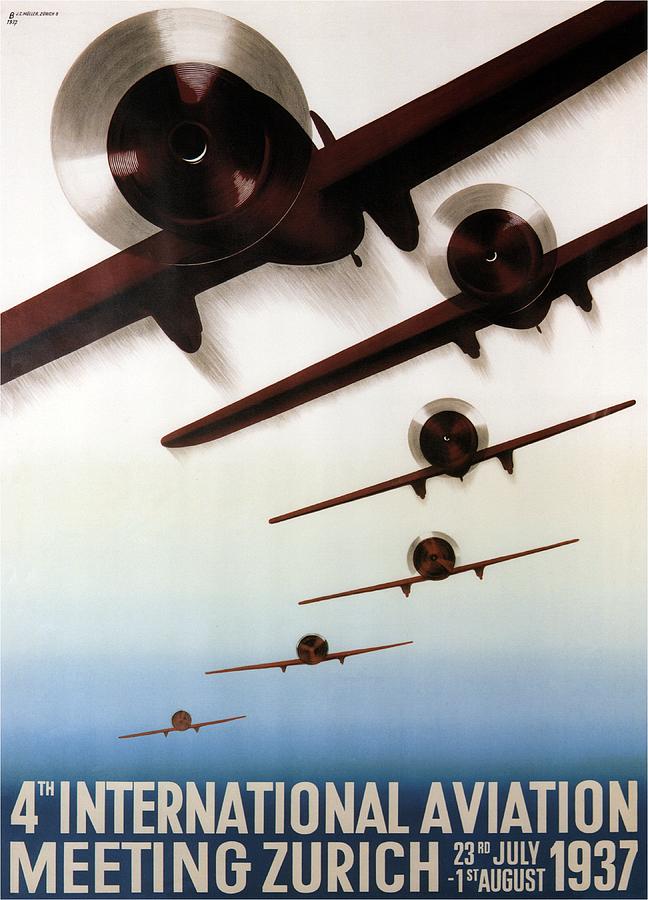 Vintage Mixed Media - International Aviation Meeting 1937, Zurich, Switzerland - Retro travel Poster - Vintage Poster by Studio Grafiikka