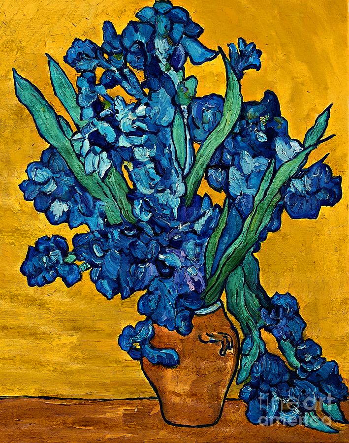 Interpretation of Vase with Irises Against a Yellow Background Painting by Amalia Suruceanu