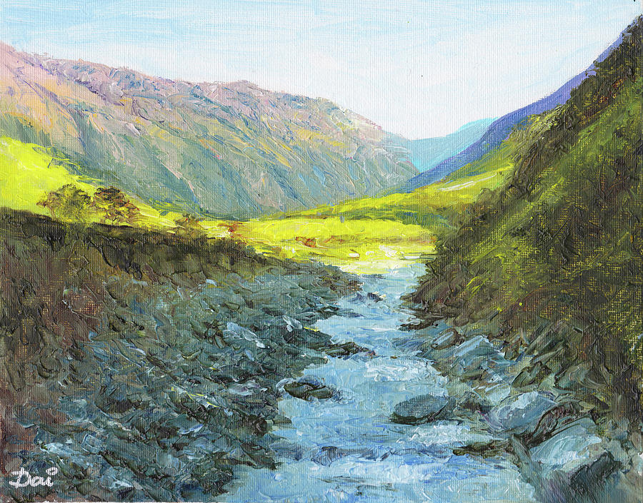 Into a sunlit valley Painting by Dai Wynn