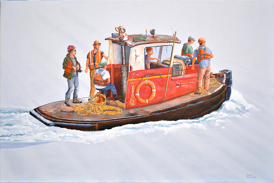 Into the mist-The crew boat Painting by Gary Giacomelli