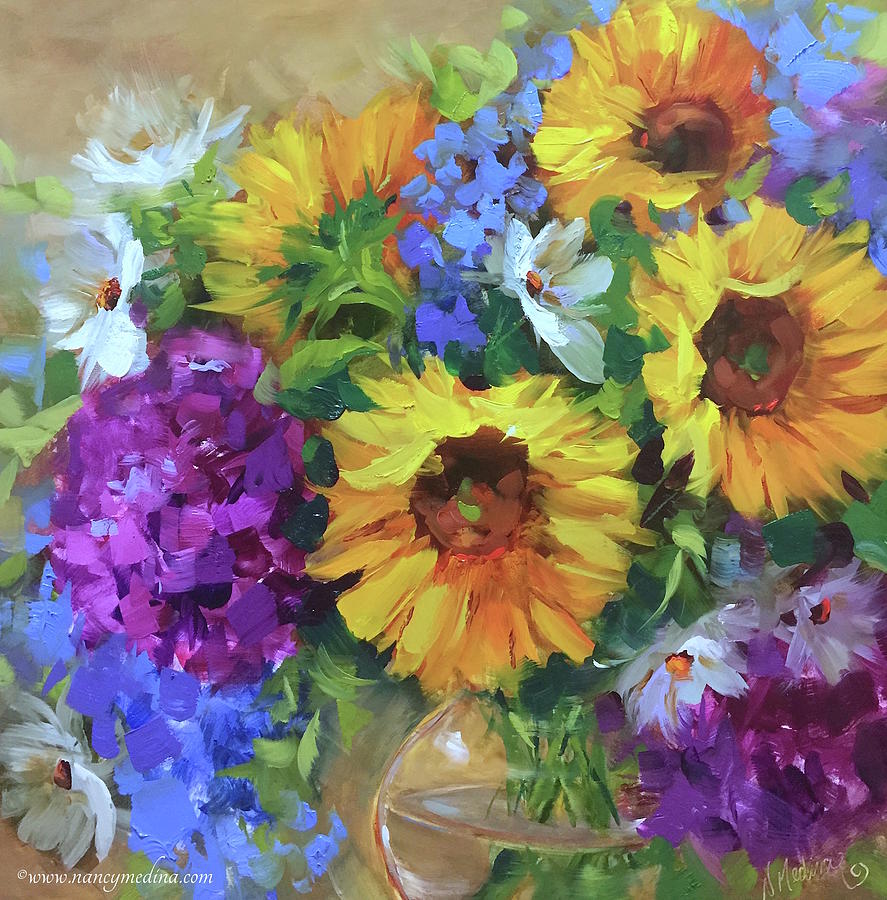 Into the Sky Sunflowers Painting by Nancy Medina