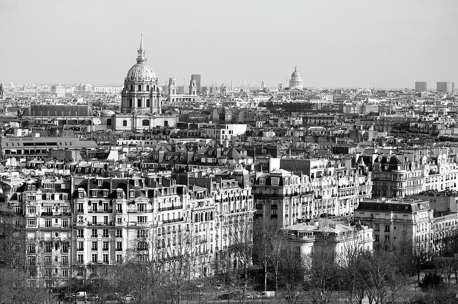 Invalides Dome Saint Sulspice Bell Towers and Pantheon Dome Above Parisian Rooftops Black and White Photograph by Shawn OBrien