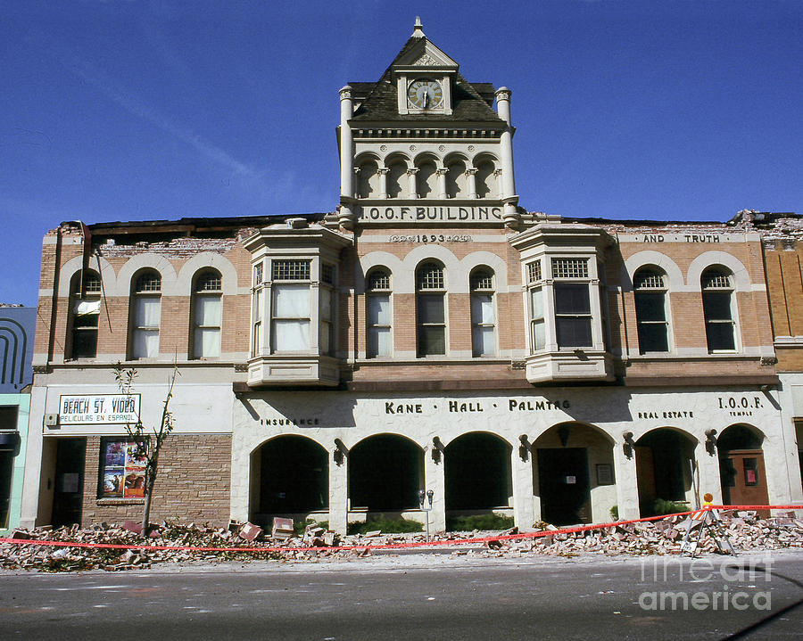 1989 Photograph - Watsonville I. O. O. F. Building built in 1893  damaged by the Loma Prieta earthquake 1989 by Monterey County Historical Society