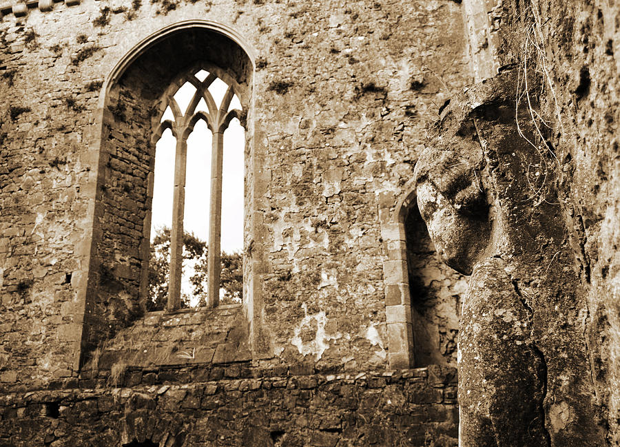 Ireland Athassel Priory Tipperary Medieval Ruins Profile of St Joseph Statue Gothic Window Sepia Photograph by Shawn OBrien