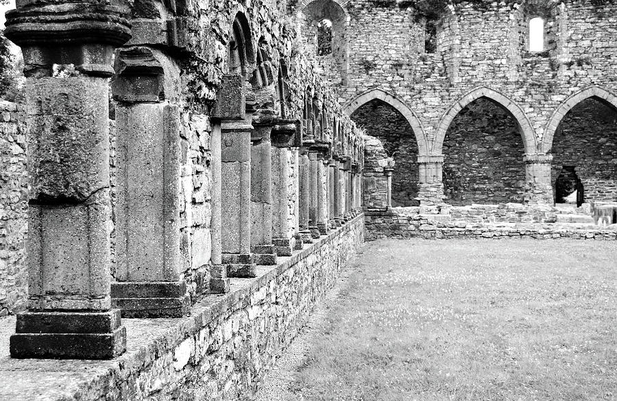 Ireland Jerpoint Abbey Cloister Arcade Columns Irish Churches County Kilkenny Black and White Photograph by Shawn OBrien