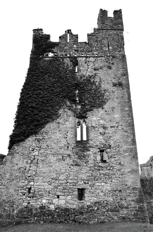 Ireland Kells Priory Ivy Covered Medieval Castle Tower House County Kilkenny Black and White Photograph by Shawn OBrien