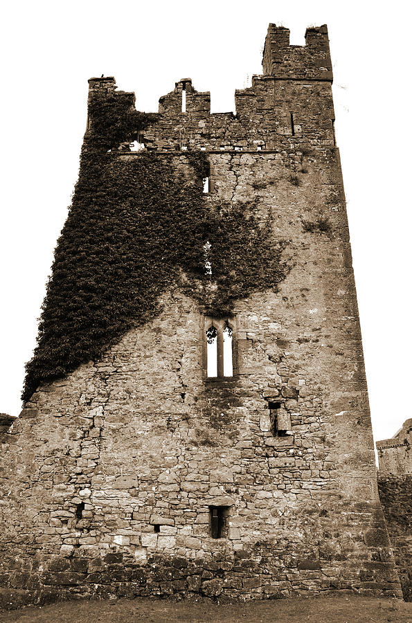 Ireland Kells Priory Ivy Covered Medieval Castle Tower House County Kilkenny Sepia Photograph by Shawn OBrien