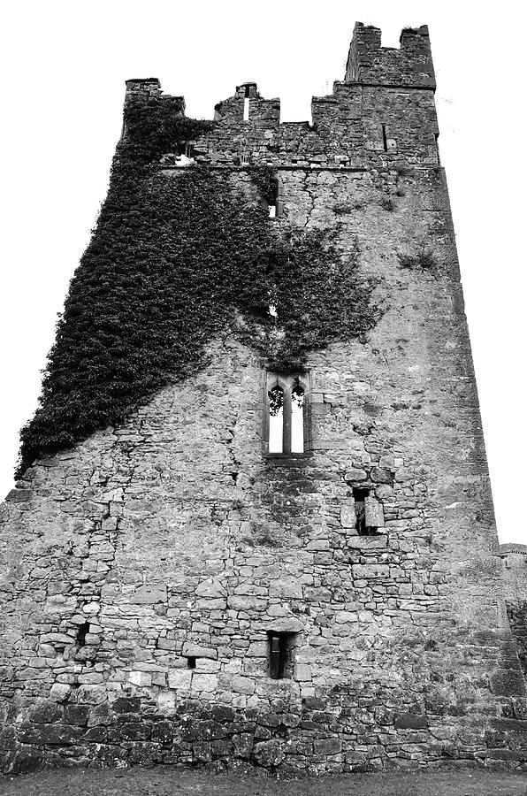 Ireland Kells Priory Ivy Covered Medieval Irish Castle Tower House County Kilkenny Black and White Photograph by Shawn OBrien