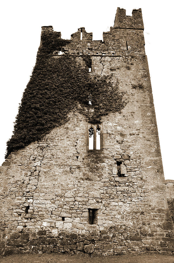 Ireland Kells Priory Ivy Covered Medieval Irish Castle Tower House County Kilkenny Sepia Photograph by Shawn OBrien