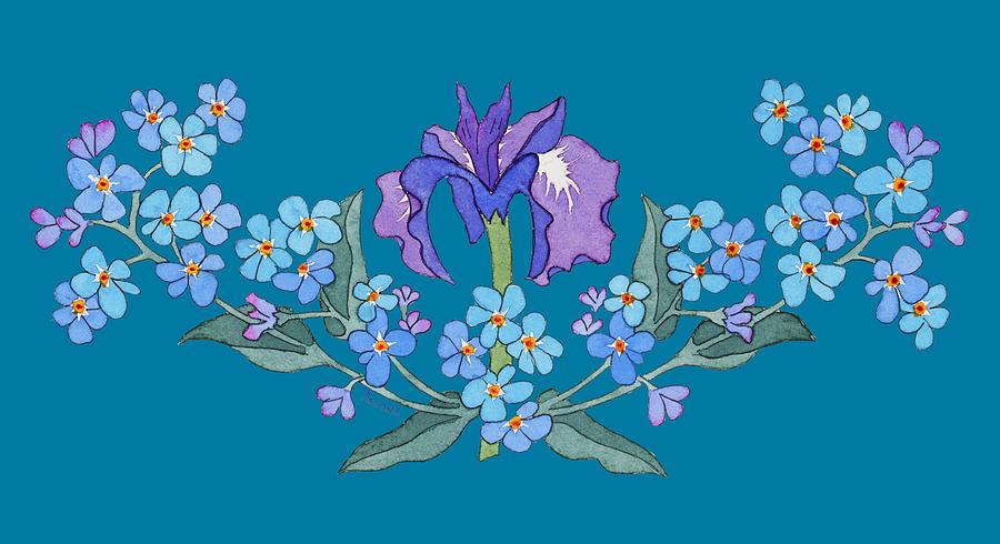 Iris and Forget Me Not Curved Garland Painting by Teresa Ascone