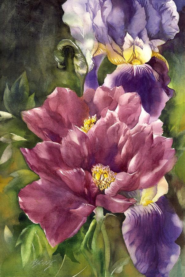 Iris With Peony Painting by Alfred Ng
