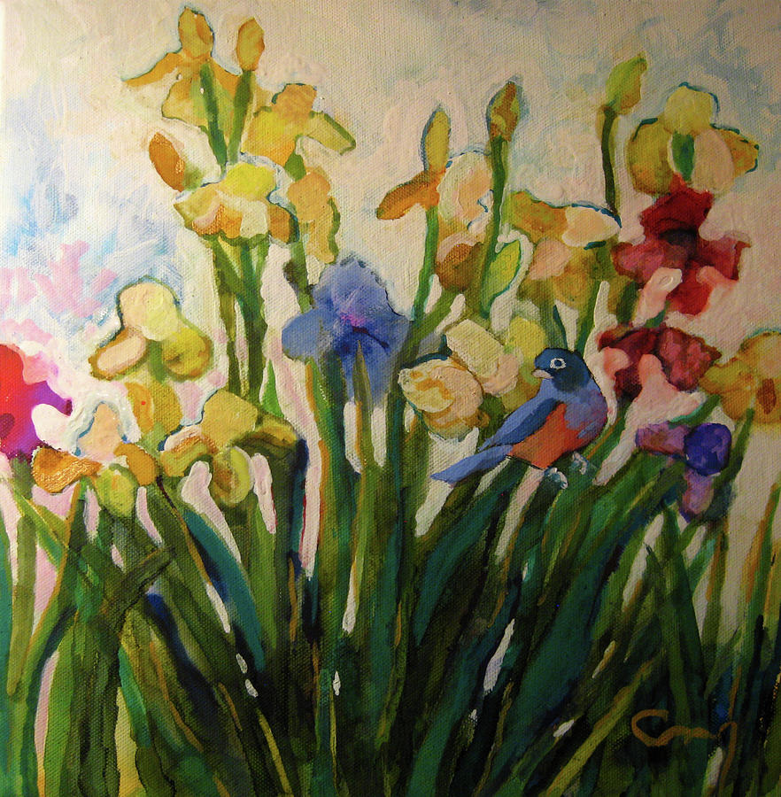 Irises and Bird Painting by Constance Gehring