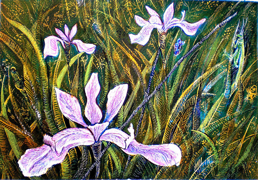 Nature Painting - Irises and Grasshopper by ITI Ion Vincent Danu