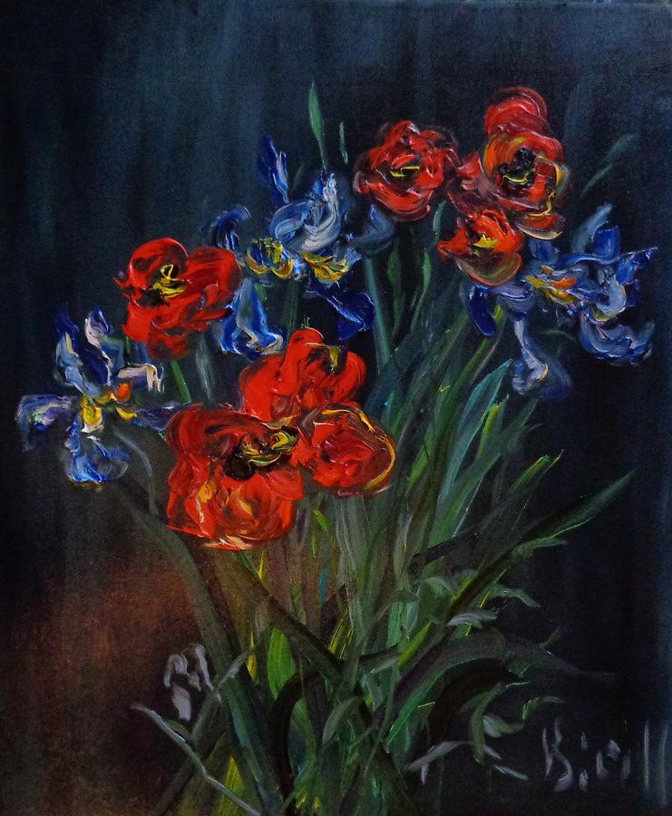 Irises And Poppies On A Black Background Painting By Kirill Sukhanov