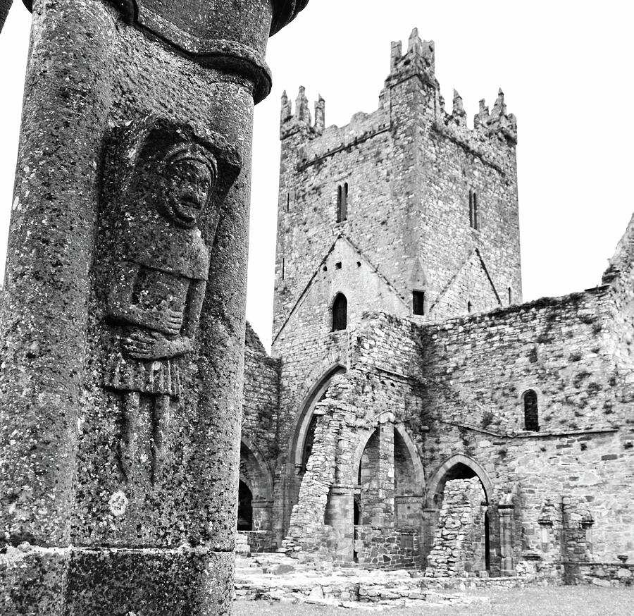 Irish Church Jerpoint Abbey Tower and Cloister Stone Carving County Kilkenny Ireland Black and White Photograph by Shawn OBrien