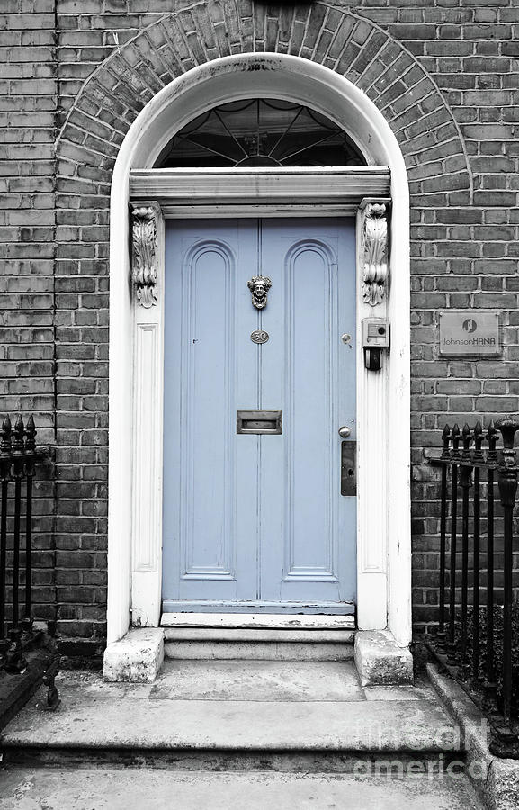 Irish Doors of Dublin Ireland Traditional Stately Georgian Style Blue Color Splash Black and White Photograph by Shawn OBrien