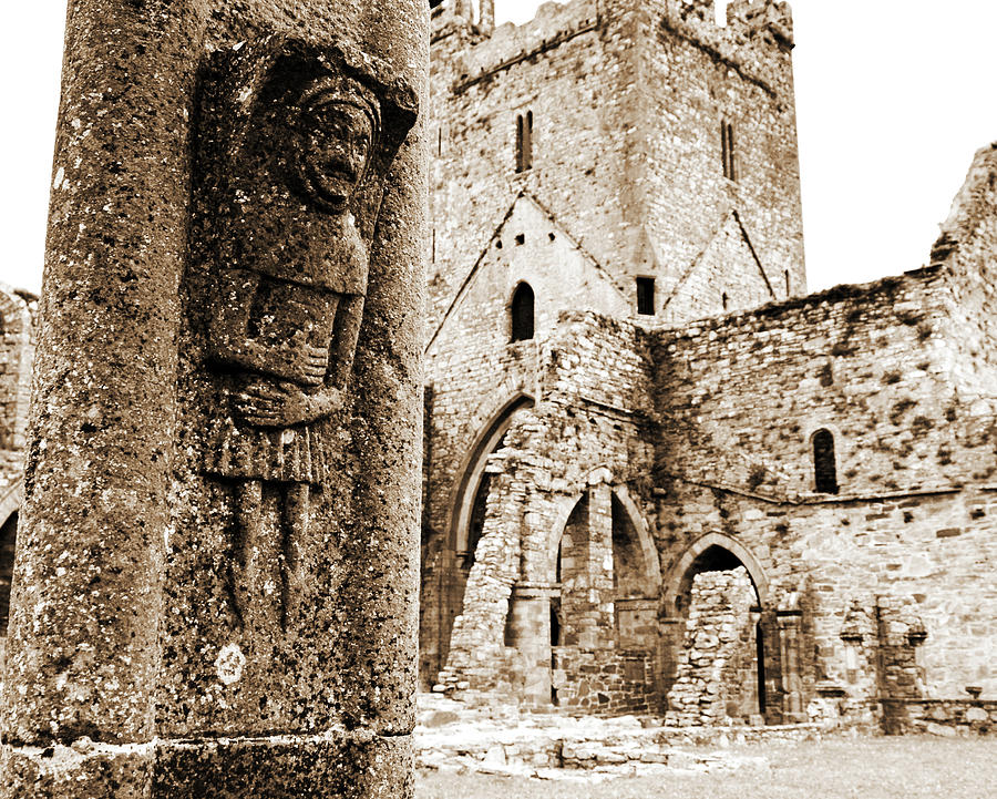 Irish Jerpoint Abbey Tower and Cloister Column Stone Carving County Kilkenny Ireland Sepia Photograph by Shawn OBrien