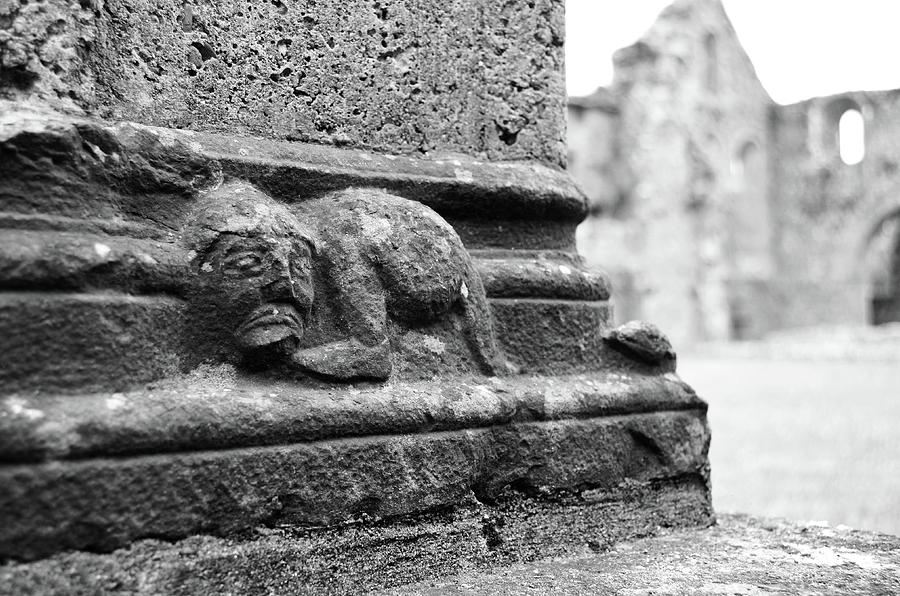 Irish Sad Face Stone Carving Jerpoint Abbey Cloister Column County Kilkenny Ireland Black and White Photograph by Shawn OBrien