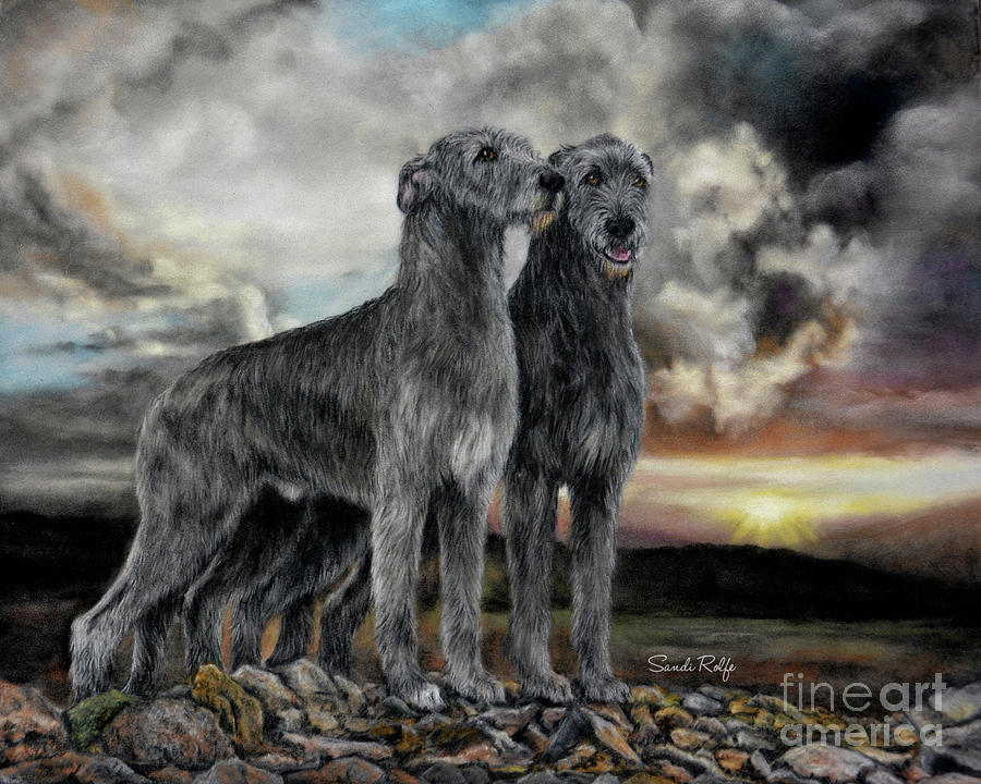 Sunset Drawing - Irish Wolfhound Pair - Majestic Irish Sunset by Sandi Rolfe