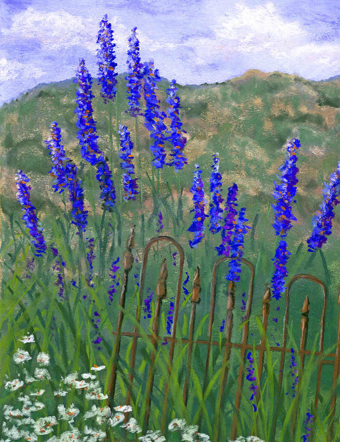 Iron Fence and Delphiniums Pastel by Ginny Neece