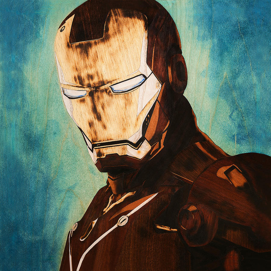 Iron Man Unique Handmade Marquetry Portrait Mixed Media by Laszlo Sandor