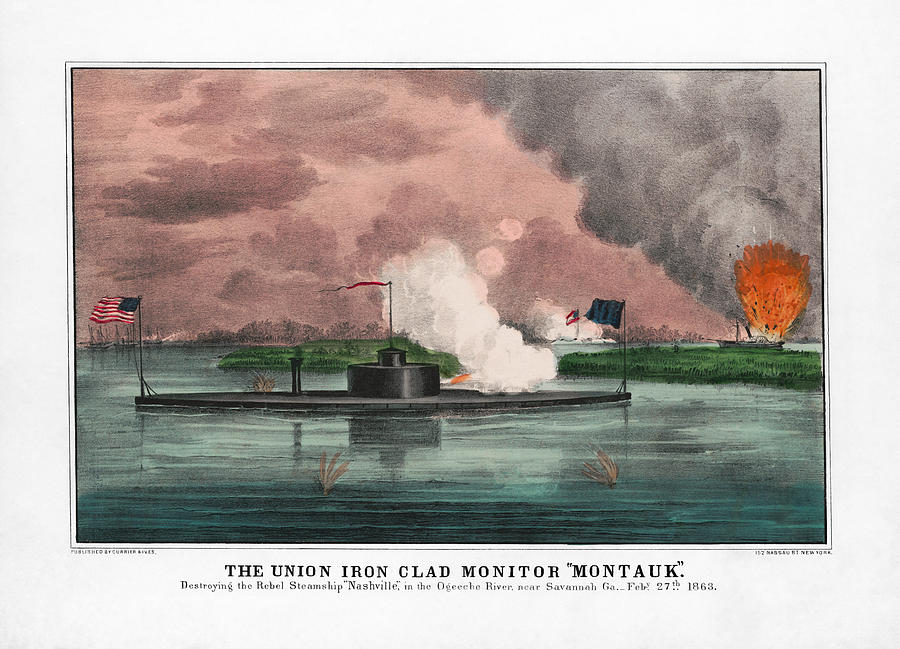 IronClad Monitor Montauk Destroying Rebel Steamship - 1863 Mixed Media by War Is Hell Store