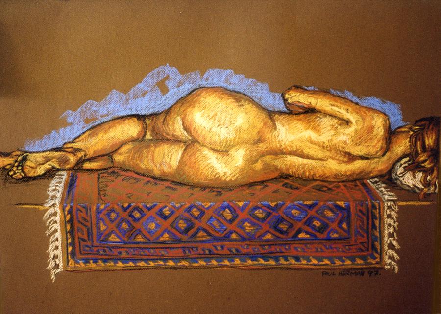 Nude Painting - Isabel on Afghan carpet- back by Paul Herman Nude Painting - Isabel on Afghan carpet- back by Paul Herman