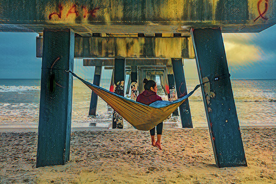 Island Dreams Under the Pier in Blue and Gold Photograph by Debra and Dave Vanderlaan