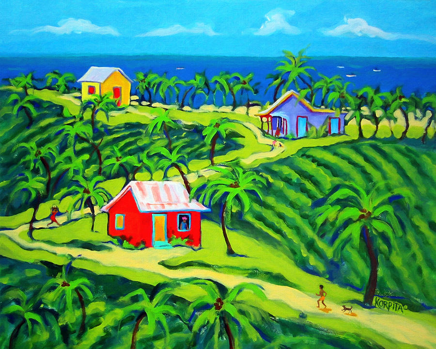 Island Time - Colorful Houses Caribbean Cottages Painting by Rebecca Korpita