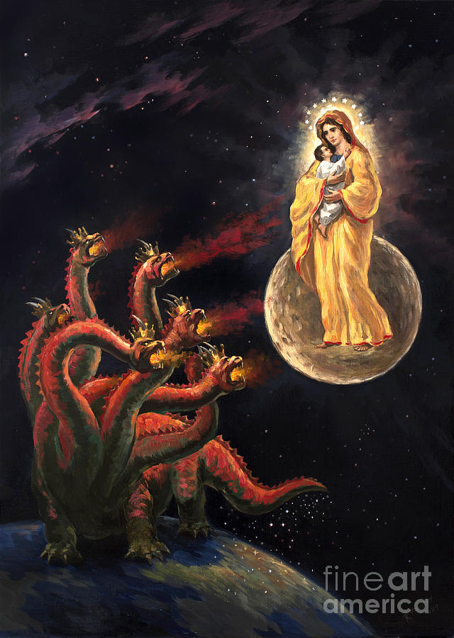Dragon Painting - Israel Jesus and Woman v Seven Headed Dragon Revelation 12 by The Decree to Restore Jerusalem