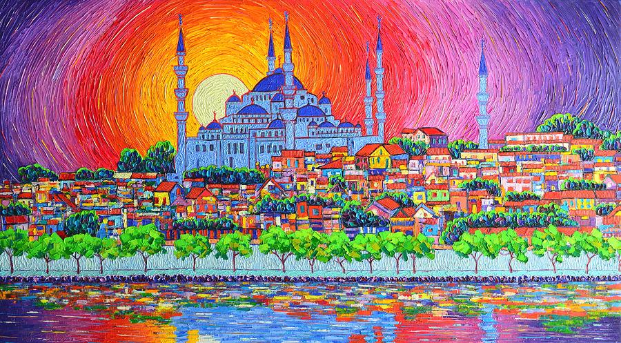 Istanbul Blue Mosque Sunset Modern Impressionist Palette Knife Oil Painting By Ana Maria Edulescu    Painting by Ana Maria Edulescu