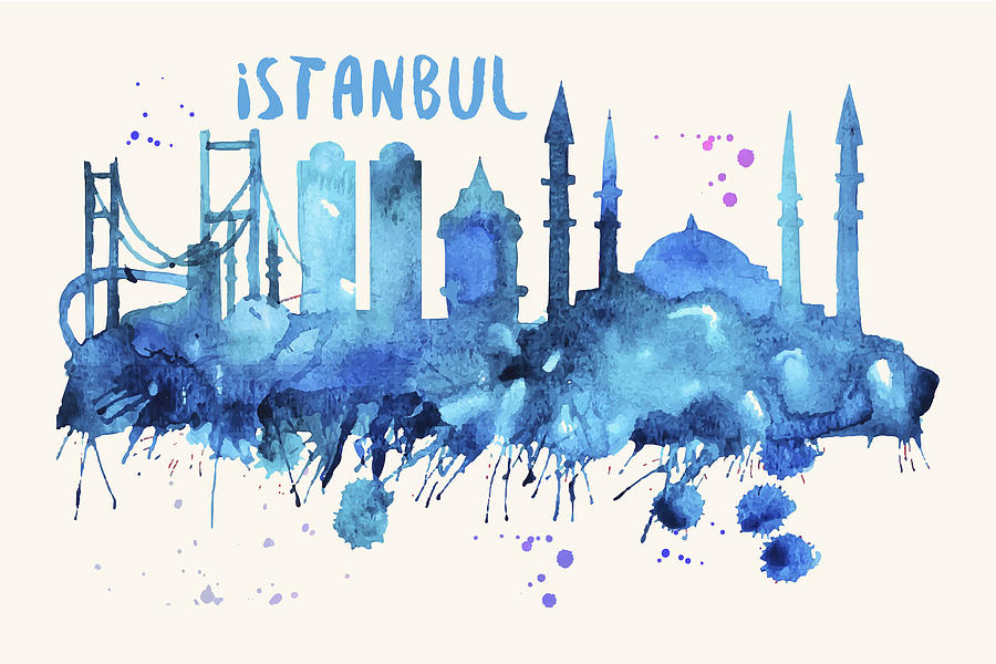 Istanbul Skyline Watercolor Poster - Cityscape Painting Artwork Painting by Beautify My Walls