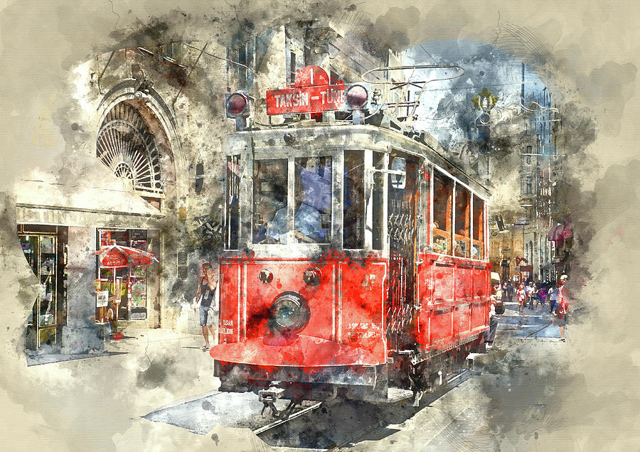 Istanbul Turkey Red Trolley Digital Watercolor on Photograph Painting by Brandon Bourdages